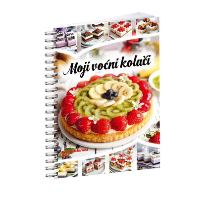 Moji Voćni Kolači Notebook cover with a fruit tart and multiple cake images on a white background