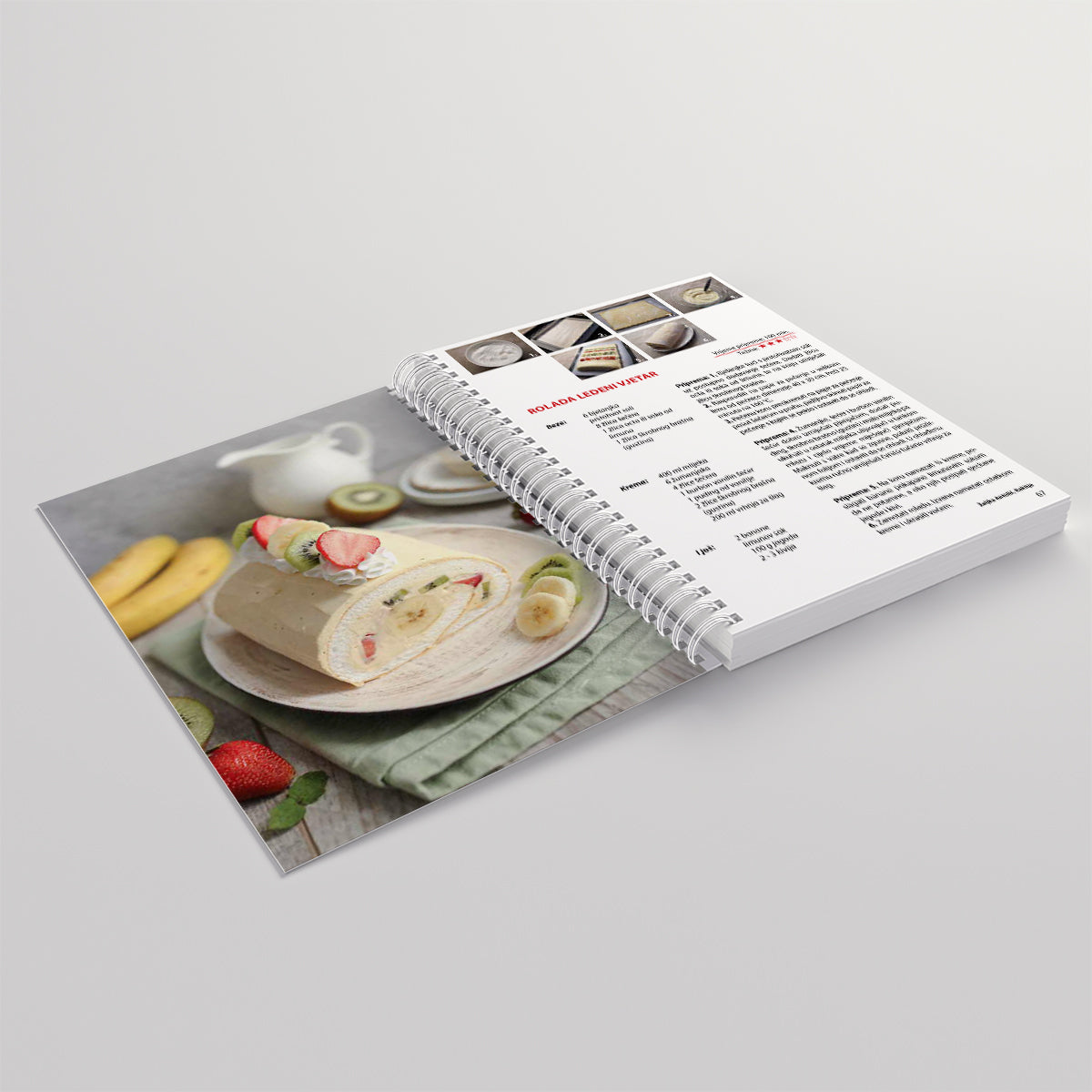 Moji Voćni Kolači Cookbook with a photo of a wrap on the cover and text on the right side.