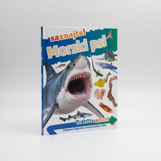 Morski Psi – Saznajte! Book cover with a shark illustration and colorful text on a white background