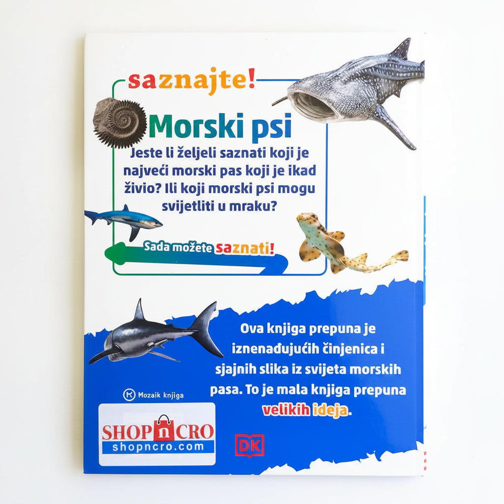 Morski Psi – Saznajte! Book cover with images of sharks and text in a foreign language, featuring Shopnкро branding.