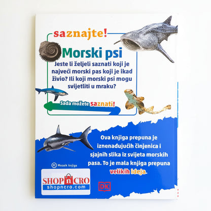 Morski Psi – Saznajte! Book cover with images of sharks and text in a foreign language, featuring Shopnкро branding.