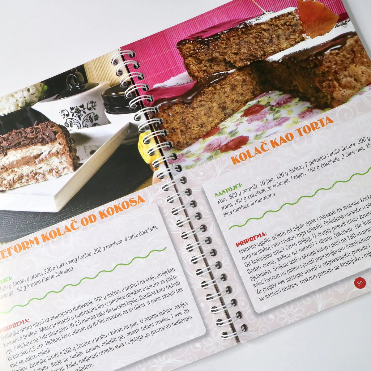 NAJBOLJI DOMAĆI KOLAČI 2 Open cookbook with cake recipe and images of desserts on a white background