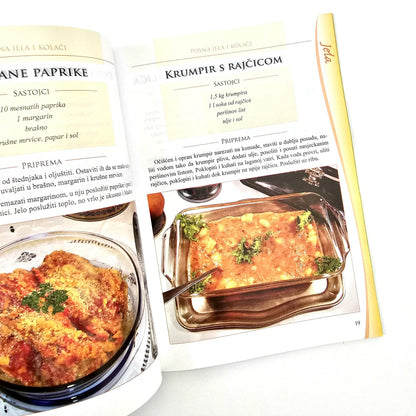Naša Najljepša – Posna Jela Open cookbook showing a recipe for a dish with a glass dish on a white background