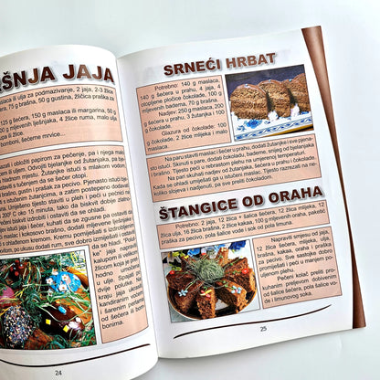 Naši Najljepši – Kolači Open book with recipes and images of food on a white background