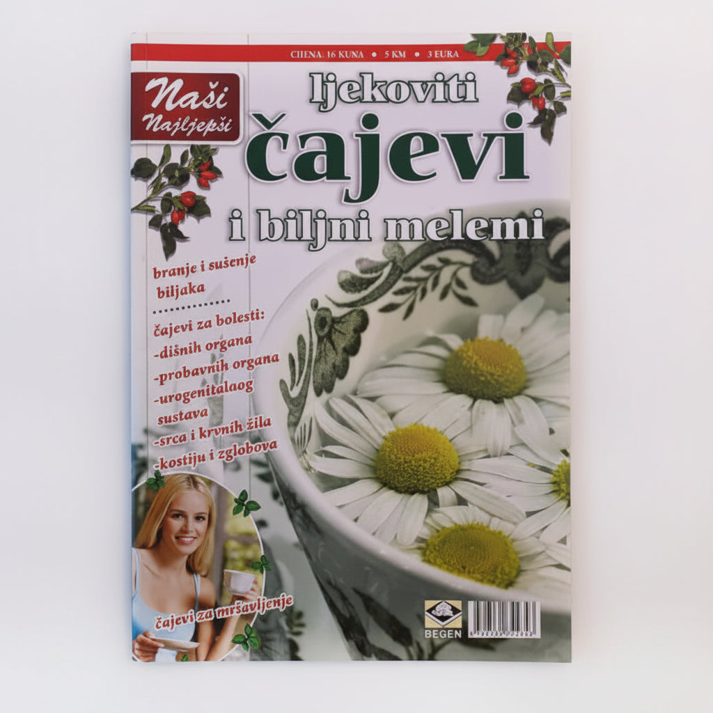 Naši Najljepši – Ljekoviti Čajevi i Biljni Melemi Book cover with a bowl of flowers and text in a foreign language on a white background