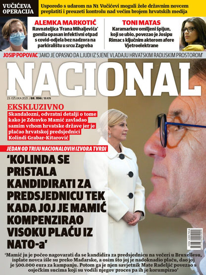 Nacional Magazine Croatian Magazine cover with a woman in a white coat and a man's face, featuring text in a foreign language.