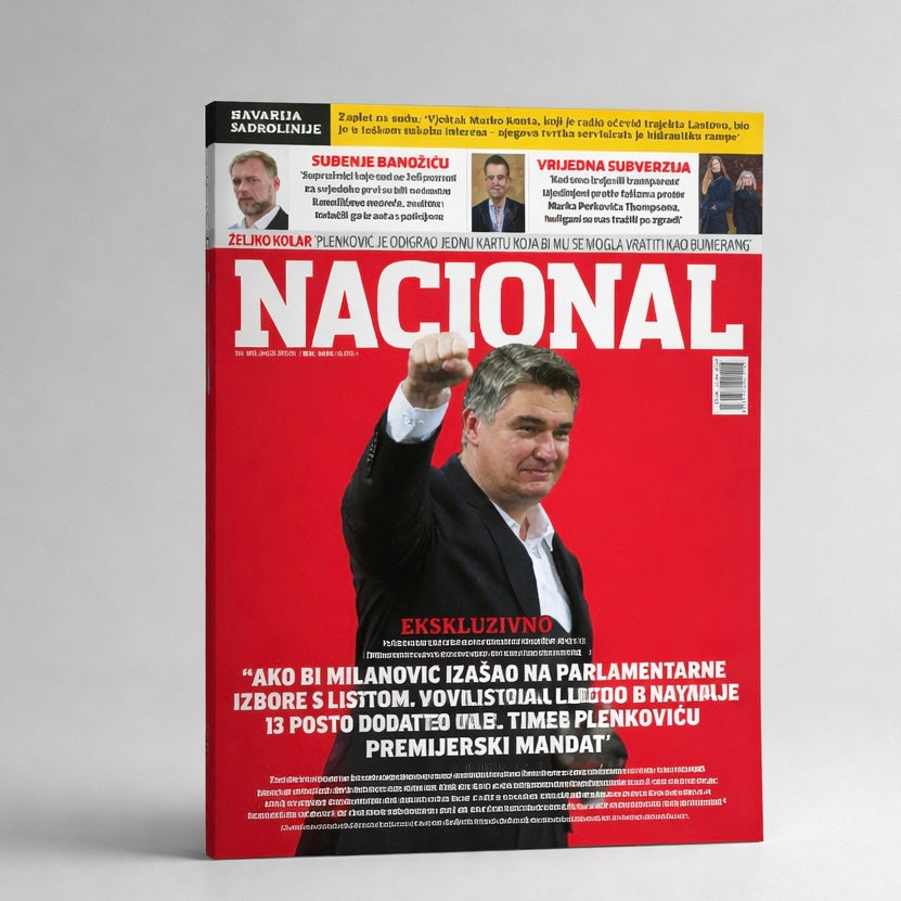 Nacional Magazine Croatian Magazine cover with a red background and text, featuring a person in a suit.