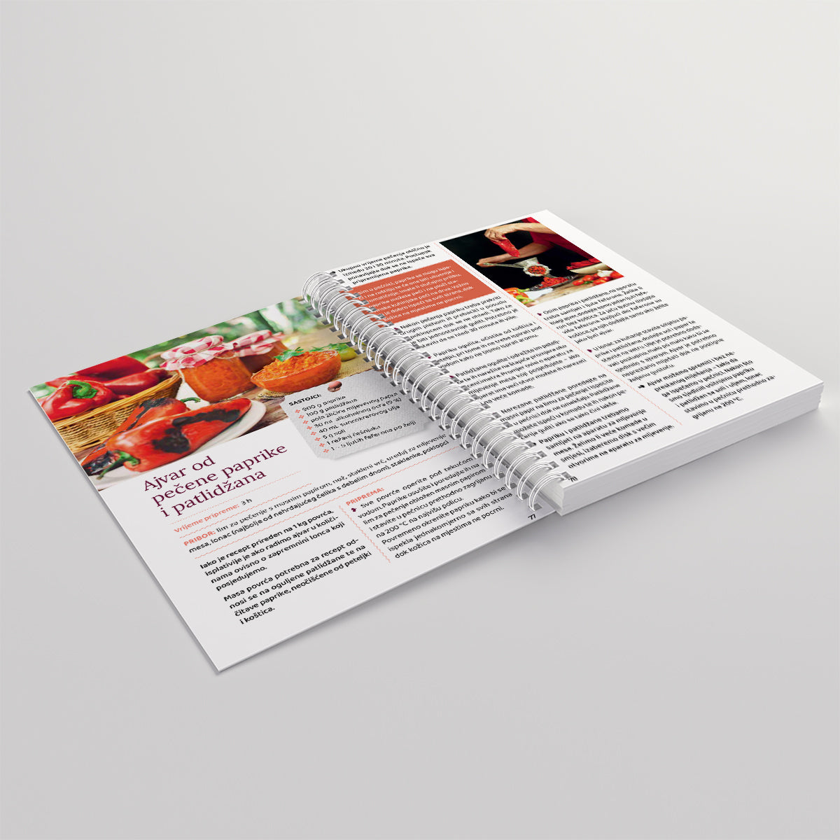 Najbolja Zimnica Od Povrća Open cookbook on a gray surface with visible text and images of food.