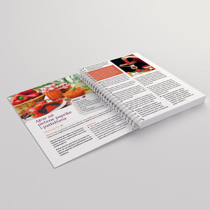 Najbolja Zimnica Od Povrća Open cookbook on a gray surface with visible text and images of food.