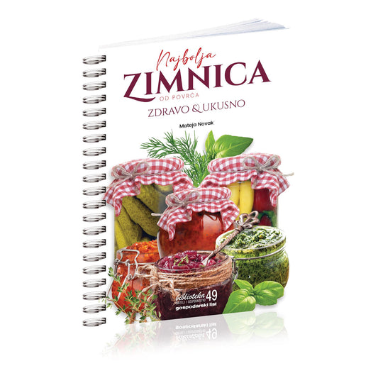 Najbolja Zimnica Od Povrća Cookbook cover with jars of pickles and herbs on a white background