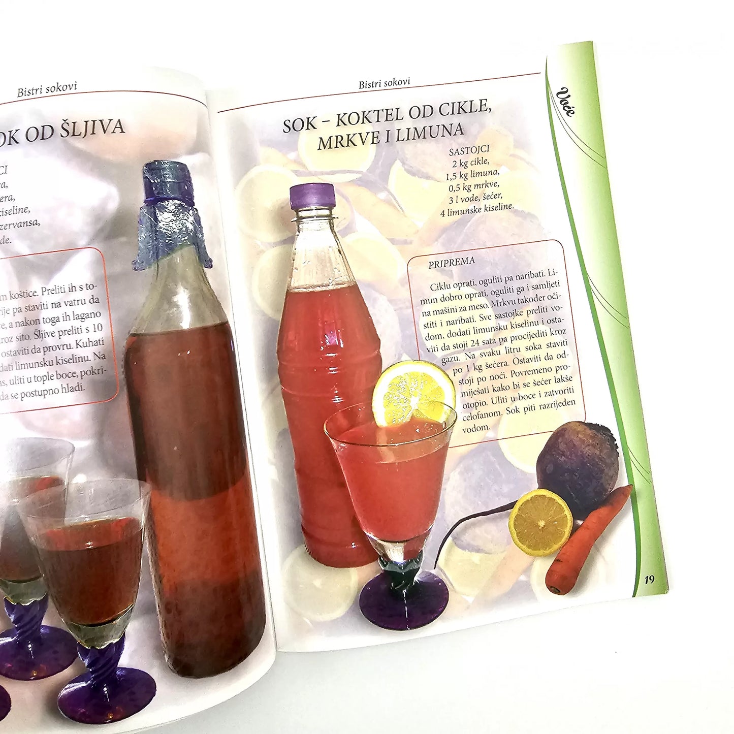 Nasa Najljepsa – Zimnica Bottles and glasses of a red liquid with lemon slices on a magazine page.