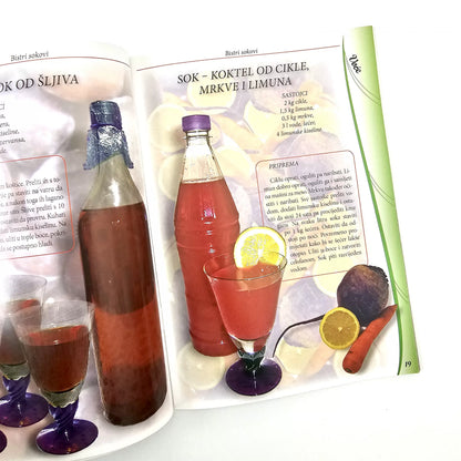 Nasa Najljepsa – Zimnica Bottles and glasses of a red liquid with lemon slices on a magazine page.