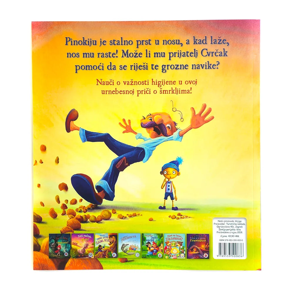 Ne kopaj nos, Pinokio! Back cover of a children's book with animated characters and text in a foreign language.