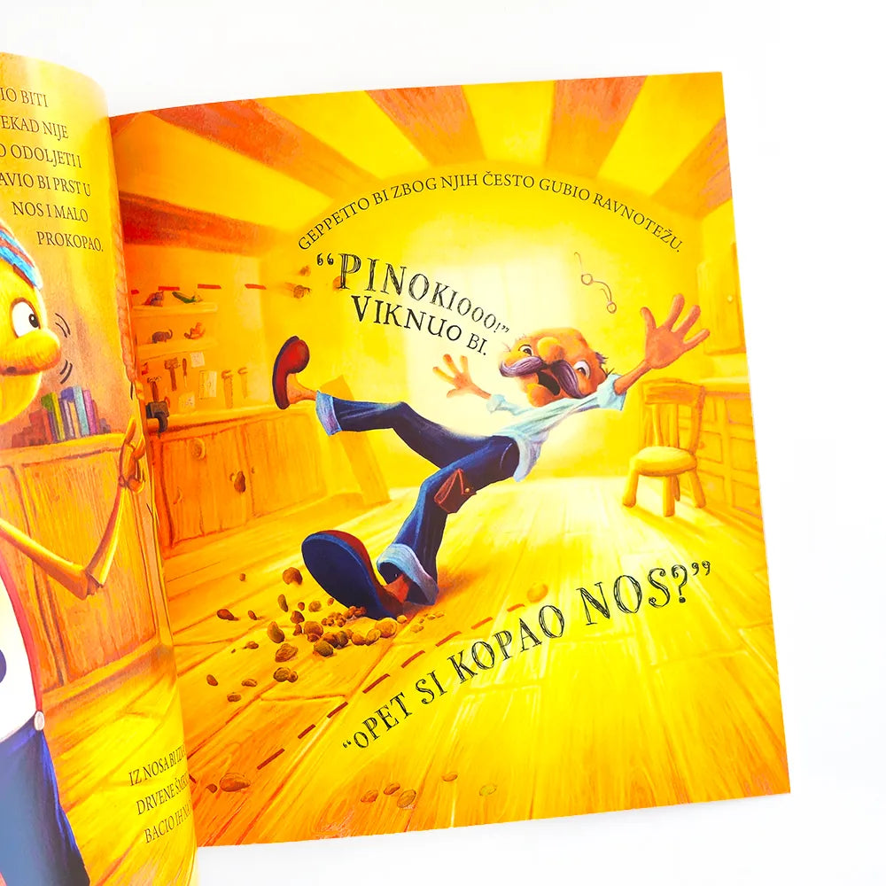 Ne kopaj nos, Pinokio! Illustrated book cover with a character on a yellow background
