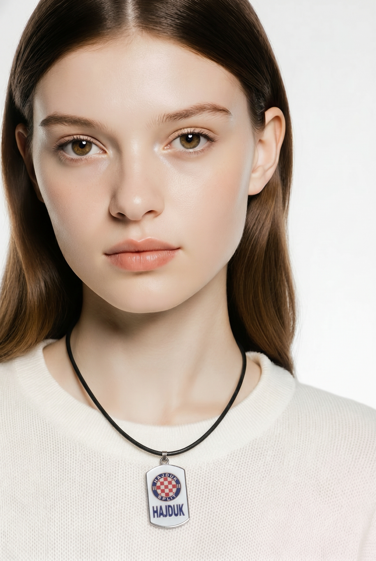 Necklace Hajduk Split Woman wearing a necklace with a Hajduk pendant on a white background