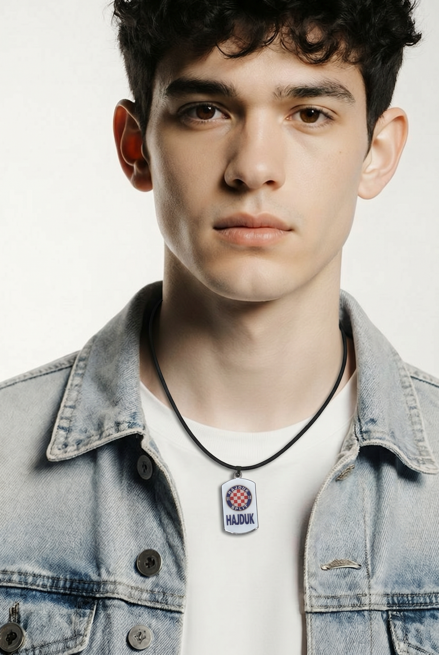 Necklace Hajduk Split Man wearing a denim jacket with a visible brand necklace on a white background