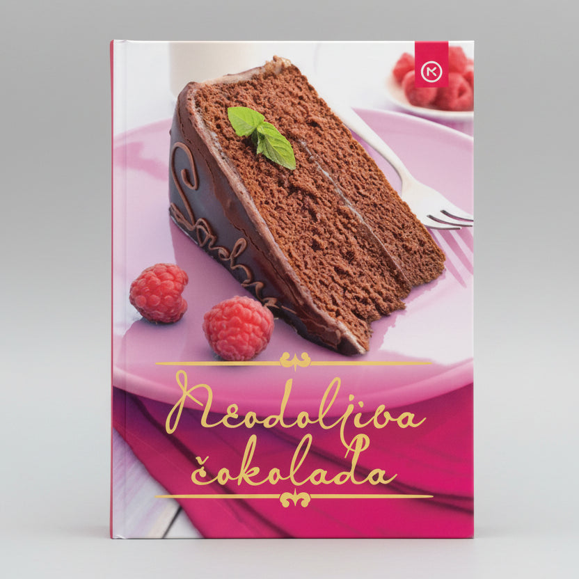 Neodoljiva Čokolada | Croatian Chocolate Dessert Cookbook Slice of chocolate cake with raspberries on a pink plate, featuring the text 'Neodoljiva čokolada'.