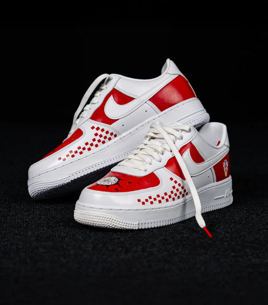 Nike Air Force 1 CROATIA HNS White and red sneakers with a visible brand logo on a black background shopncro