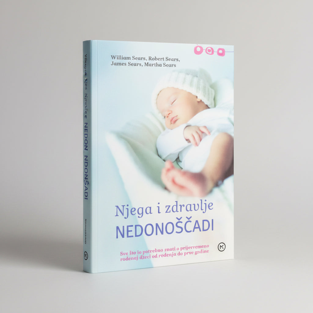 Njega i Zdravlje Nedonoščadi – Ina May Gaskin Book cover with a baby and text about childcare and health for newborns, on a light blue background.