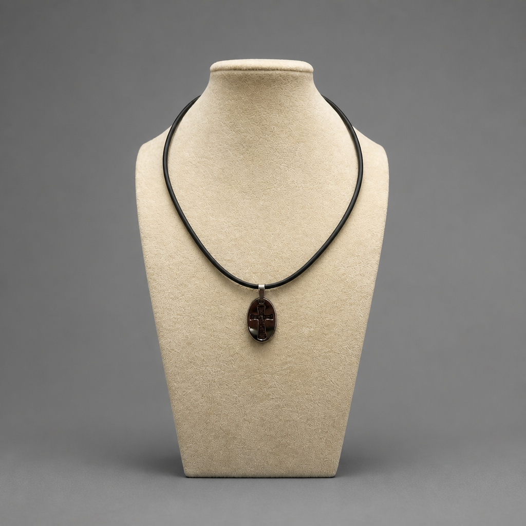 Oče Naš Necklace – Sliding Pendant Necklace with a pendant on a beige mannequin bust against a gray background hopncro
