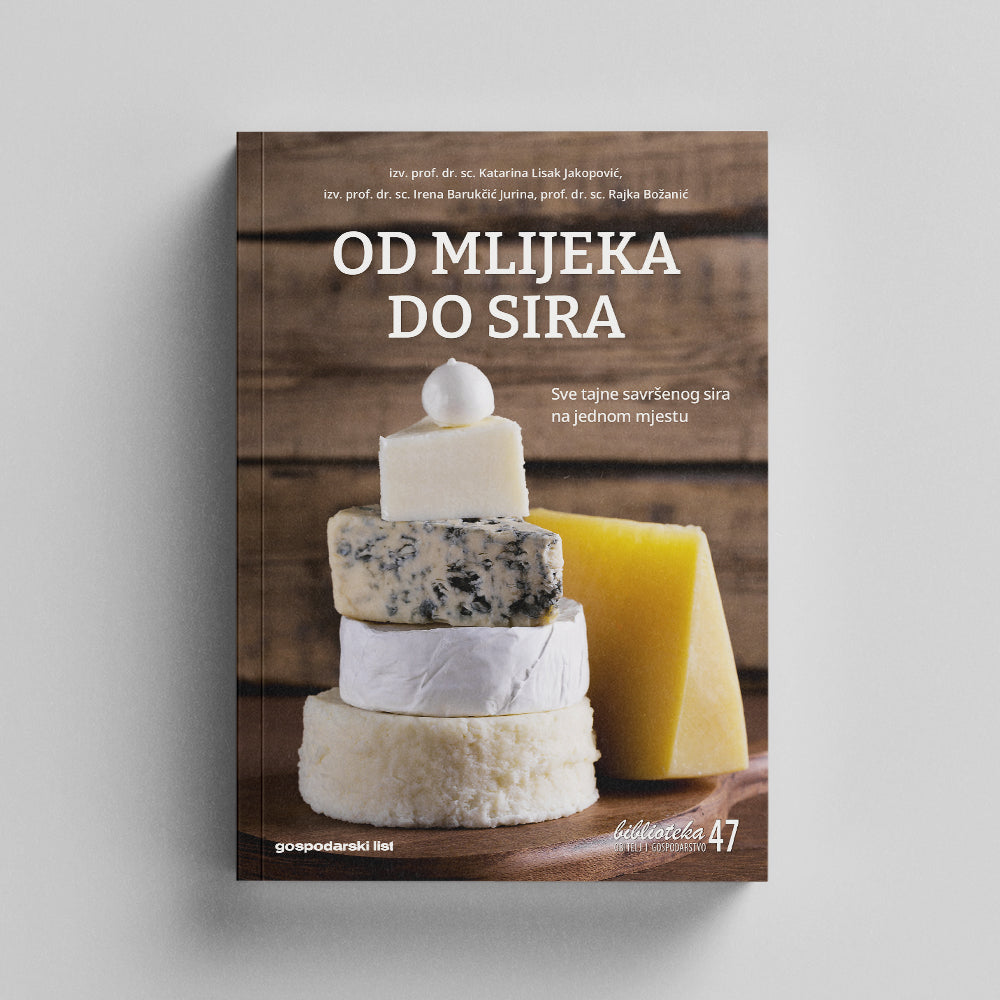 Od Mlijeka Do Sira Book cover with a stack of cheeses on a wooden board against a gray background