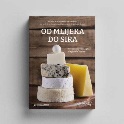 Od Mlijeka Do Sira Book cover with a stack of cheeses on a wooden board against a gray background