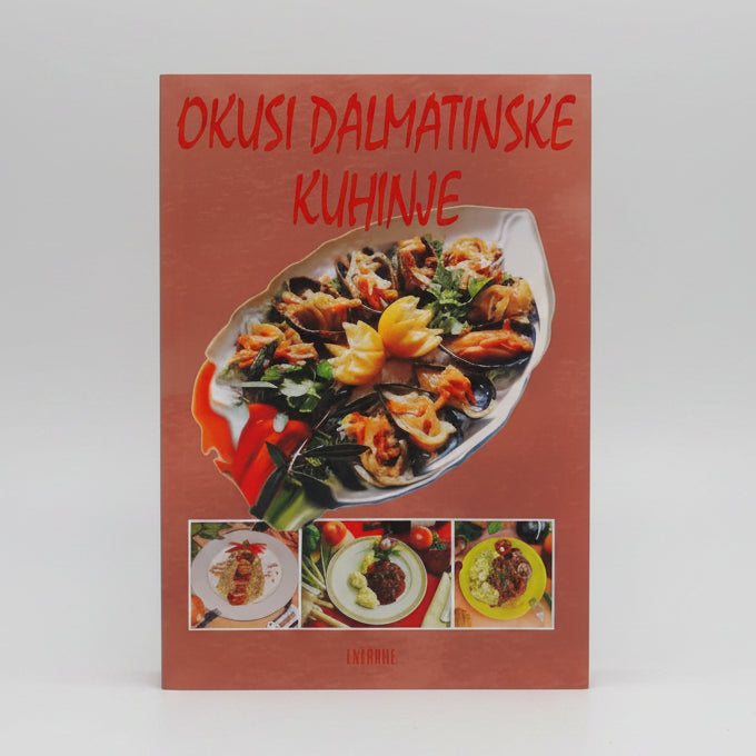 Book cover of 'Okusi Dalmatinske Kuhinje' with a dish of mussels and text on a red background.