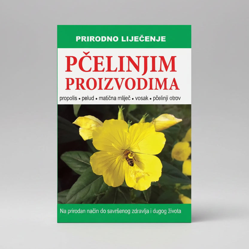 Prirodno Liječenje – Pčelinjim Proizvodima (Natural Healing - Bee Products) Book cover with a yellow flower and bee, featuring text in a foreign language.