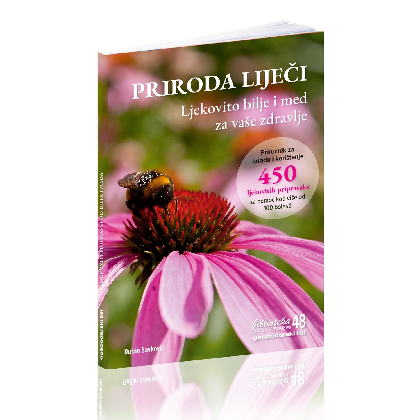 PRIRODA LIJEČI – Ljekovito Bilje i Med za Vaše Zdravlje Book cover with a pink flower and bee on a white background
