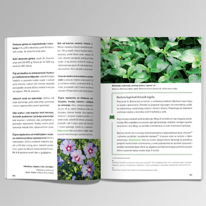 PRIRODA LIJEČI – Ljekovito Bilje i Med za Vaše Zdravlje Open book with pages showing text and images of plants and flowers on a gray background