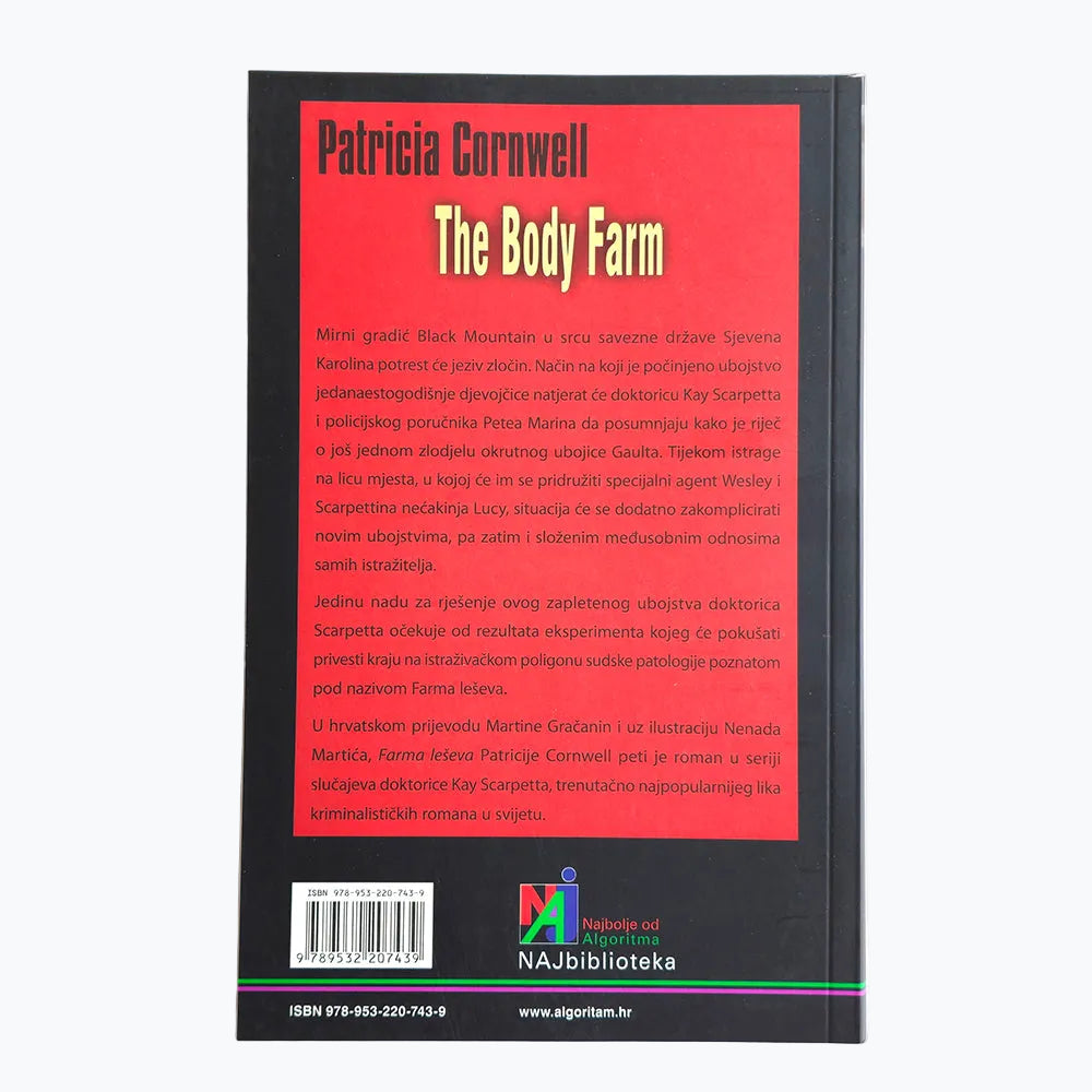 Patricia Cornwell - Farma Leševa Book cover of 'The Body Farm' by Patricia Cornwell with red and black design.