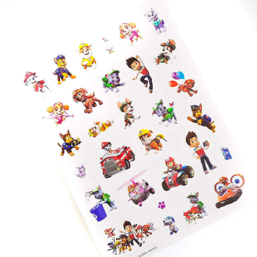 Paw Patrol - Odgonetni i Oboji Sheet of colorful cartoon stickers featuring various characters on a white background