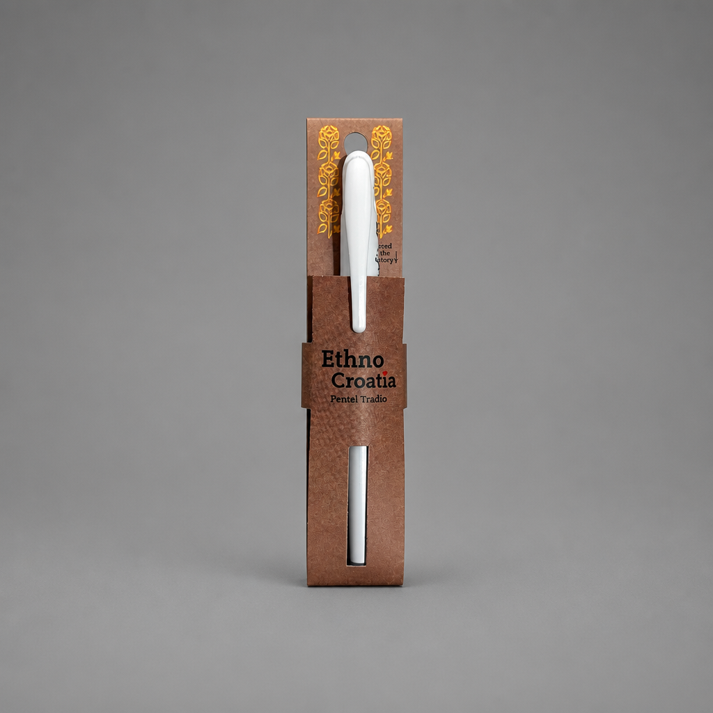 Pen - Ethno Croatia (Slavonian Gold Embroidery) White pen in a brown packaging with 'Ethno Croatia' branding on a gray background