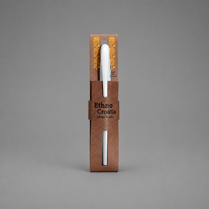 Pen - Ethno Croatia (Slavonian Gold Embroidery) White pen in a brown packaging with 'Ethno Croatia' branding on a gray background