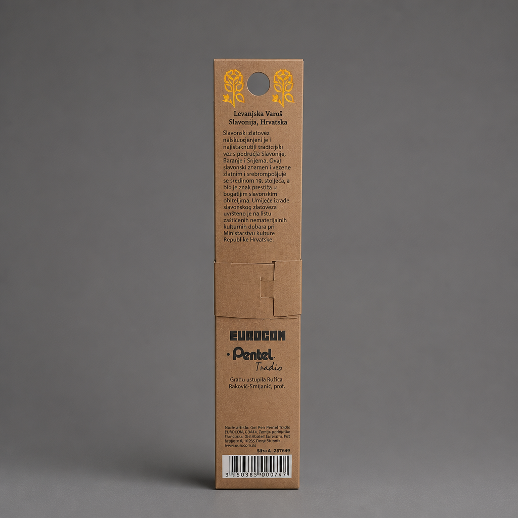 Pen - Ethno Croatia (Slavonian Gold Embroidery) Brown packaging with text and branding on a gray background