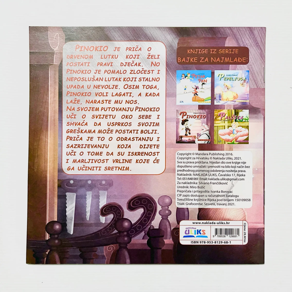 Pinokio Back cover of a book with text and illustrations, featuring a wooden chair and decorative elements.