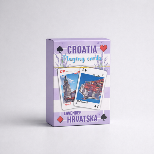 Playing Cards Croatia 2 Playing card set packaging with lavender design and Croatian landmarks
