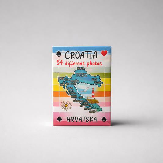 Playing Cards Croatia 3 Product packaging with a map of Croatia and text on a gray background