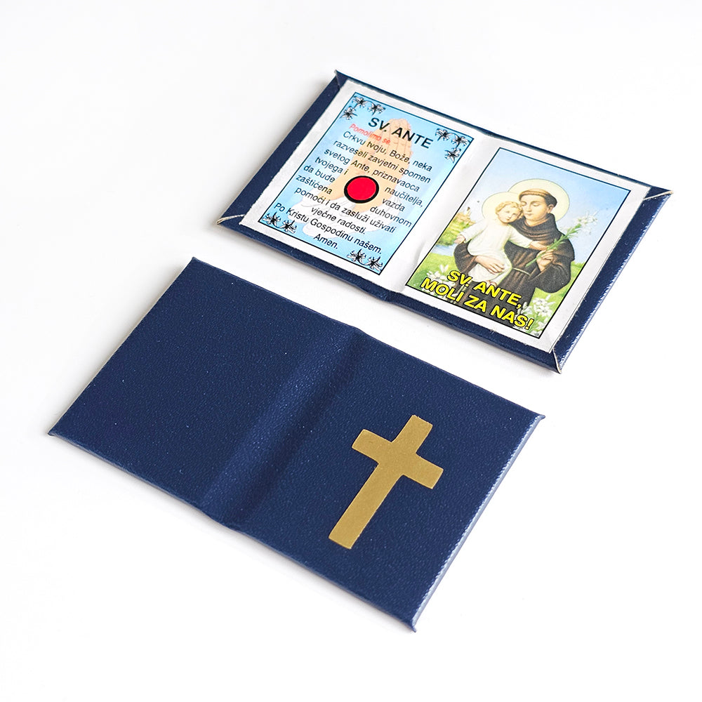 Pocket Prayer Wallet Size Blue card with a gold cross and a colorful card with religious text and images on a white background shopncro