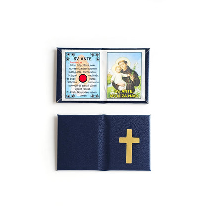 Pocket Prayer Wallet Size Two framed religious cards with a blue pouch featuring a gold cross on a white background