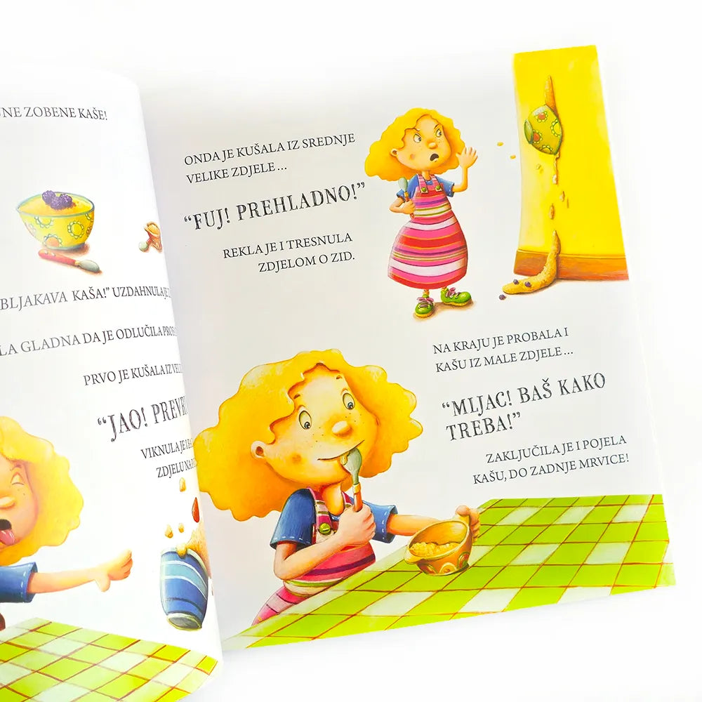 Pojedi Sav Špinat Zlatokoso! Children's book with cartoon characters on a white background
