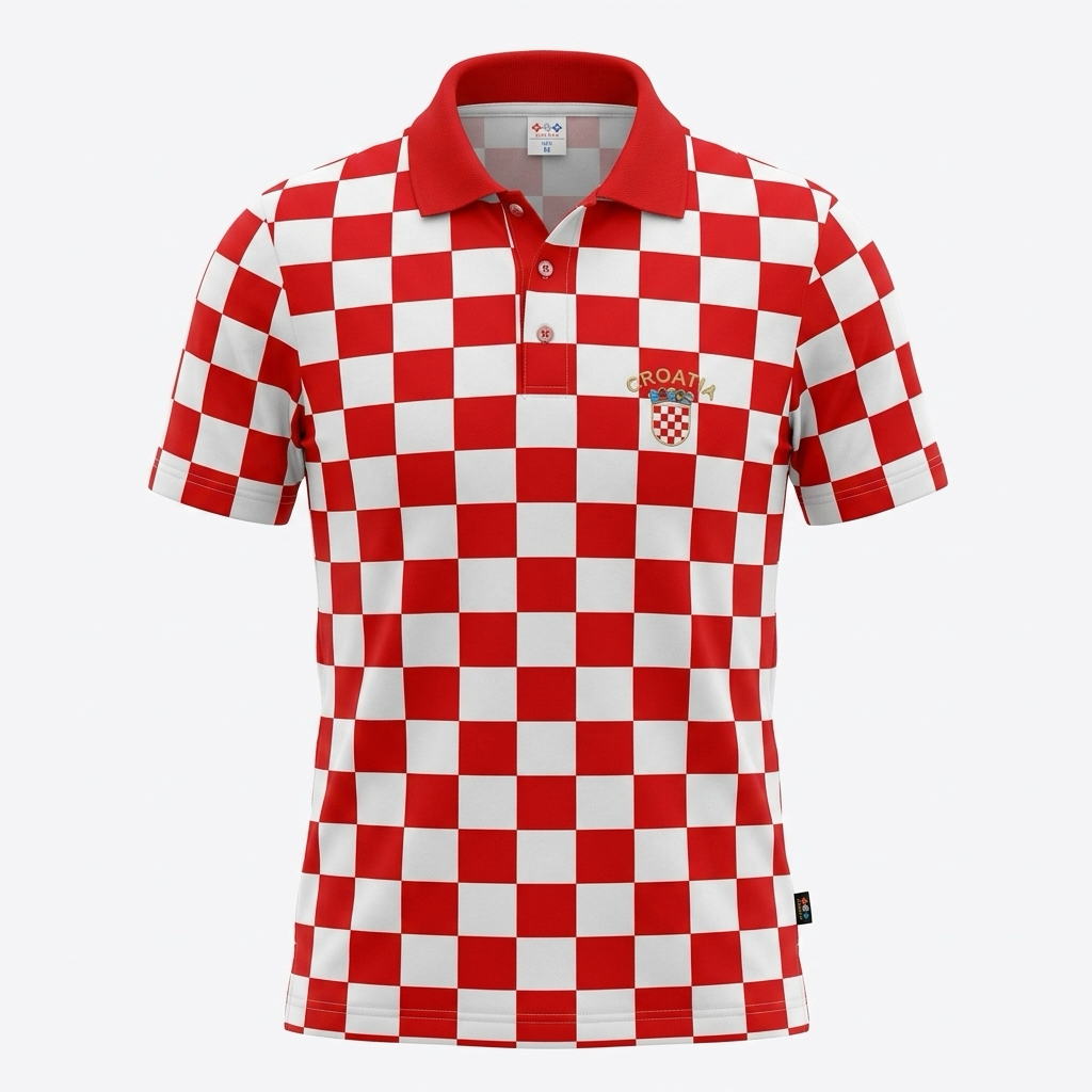 Polo Shirt Croatia Red and white checkered polo shirt with a Croatia emblem on a white background