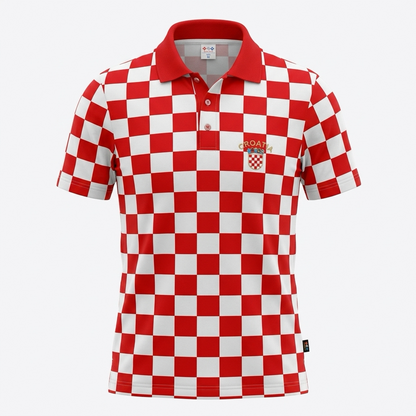 Polo Shirt Croatia Red and white checkered polo shirt with a Croatia emblem on a white background
