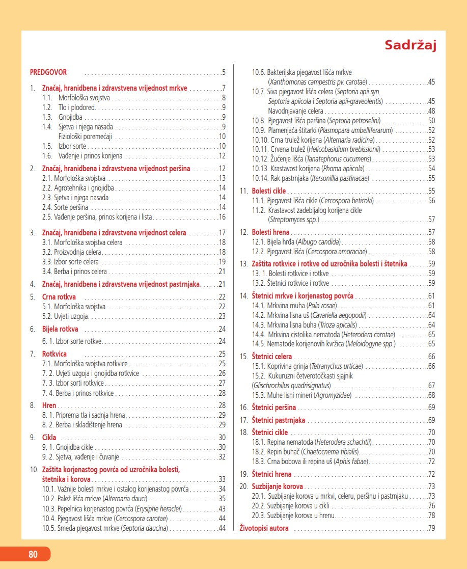 Proizvodnja Korjenastog Povrća : Kako Do Vrhunskog Povrća Table of contents for a book or document on a yellow background