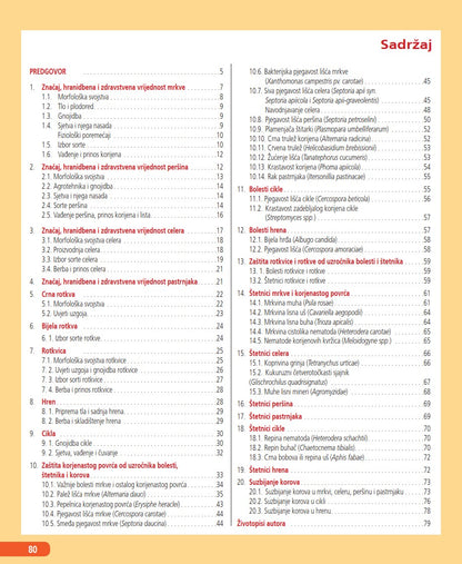 Proizvodnja Korjenastog Povrća : Kako Do Vrhunskog Povrća Table of contents for a book or document on a yellow background