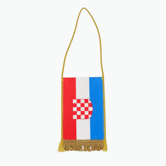 Prvo Bijelo Polje Big Car Flag. Decorative flag with red, white, and blue colors and a checkered emblem on a white background.