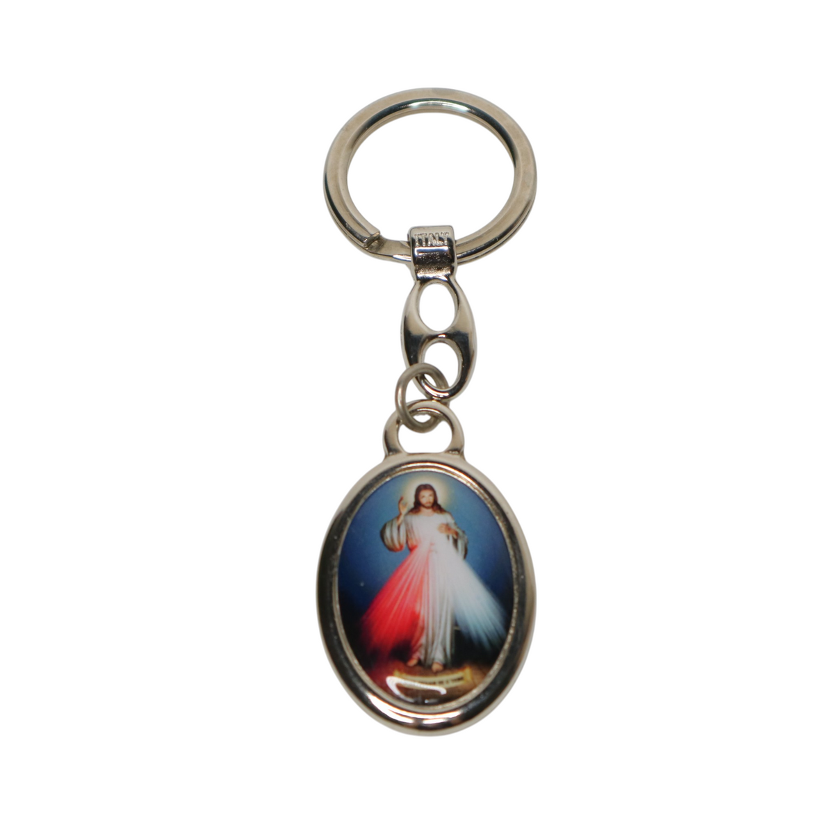 Religious Croatian Metal Keyring – Dual‑Sided Devotional Pendant Keychain with religious design on a white background