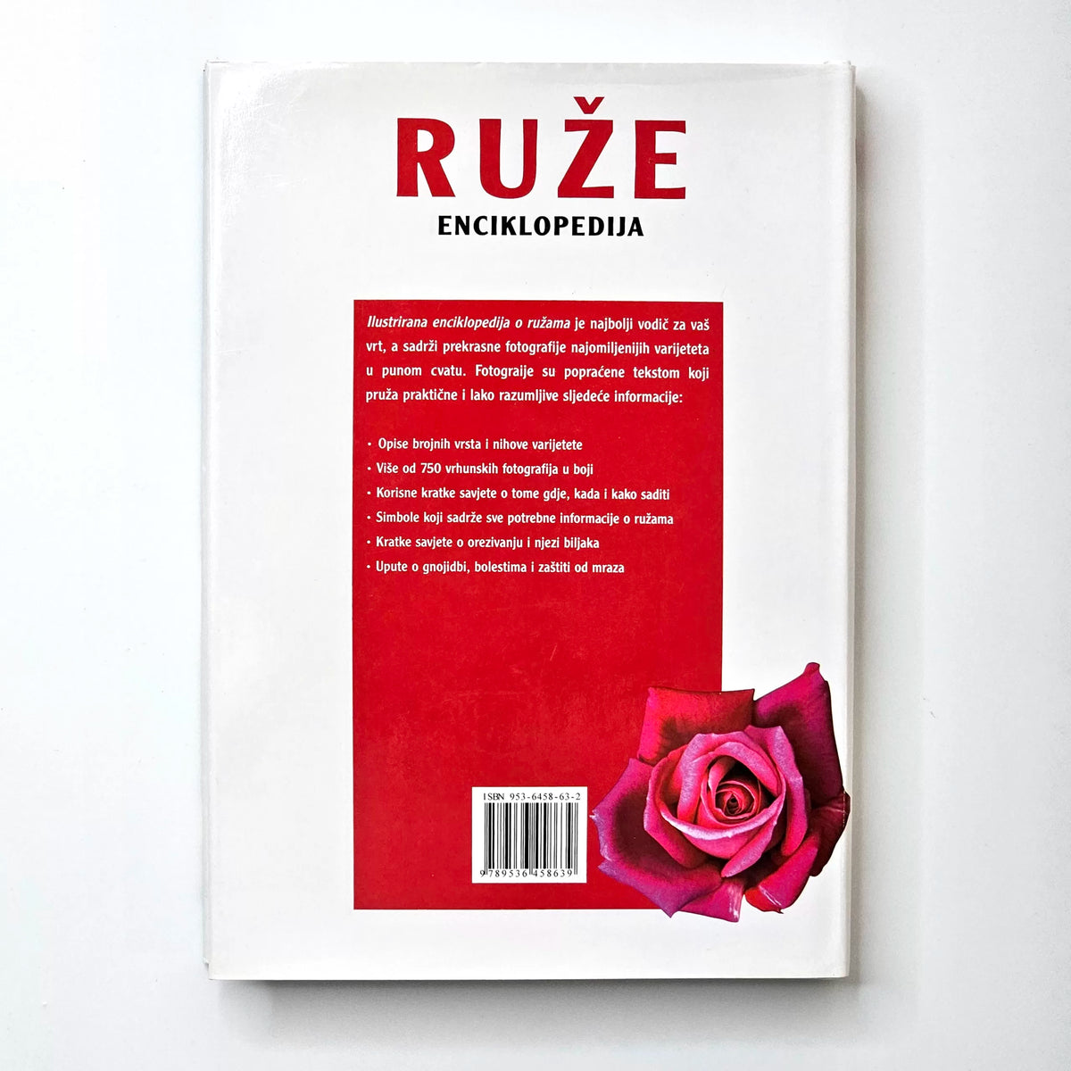 Ruže – Enciklopedija | Croatian Rose Encyclopedia Book cover of 'RUžE Enciklopedija' with a red rose on a white background
