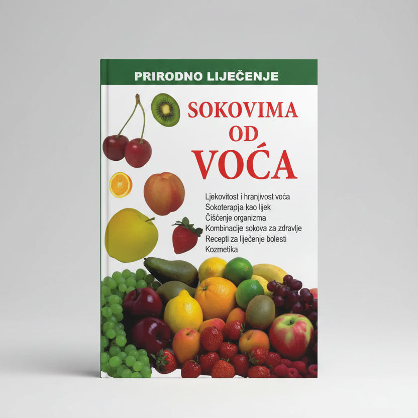 Prirodno Liječenje – Sokovima od Voća (Natural Healing - Fruit Juices) Book cover with fruits and vegetables and text in a foreign language