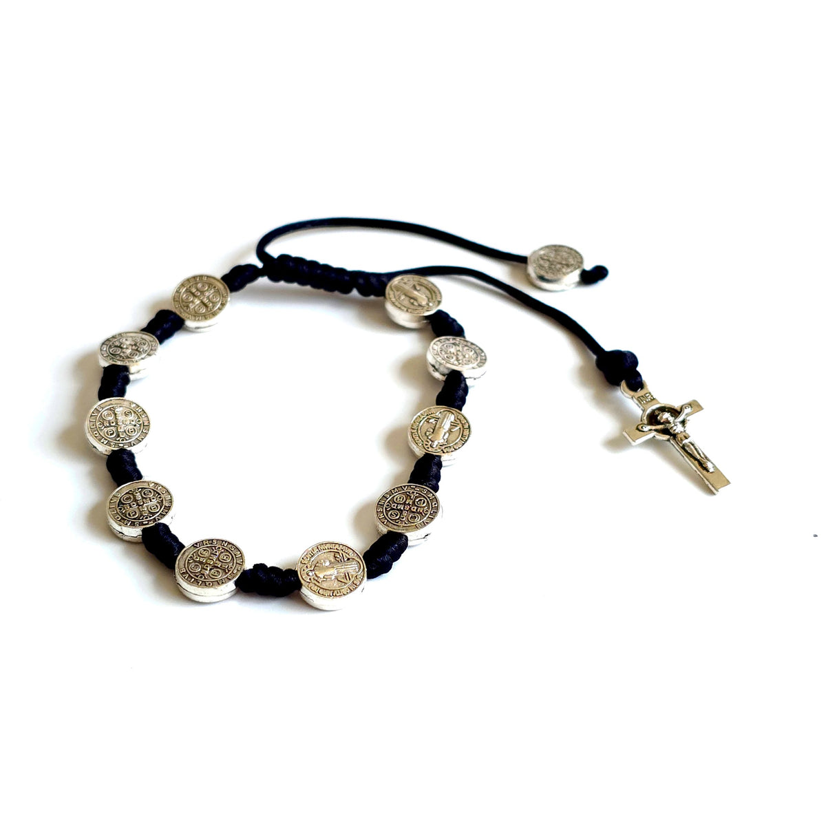Saint Benedict Adjustable Bracelet with Cross (Black) Black rosary with silver beads and crucifix on a white background